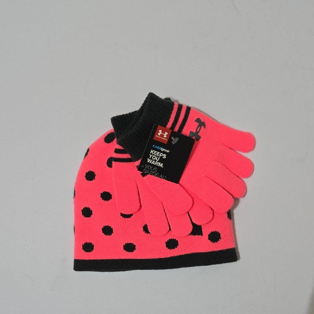 Under Armour Coldgear Youth Kid's Polka Dot Knit Hat And Gloves